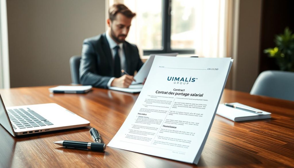 A sleek, professional office environment showcasing a "contrat de travail portage salarial" document on a polished wooden desk. In the foreground, the contract is partially unfolded, with clear sections labeled for CDI and CDD implications. A laptop, a stylish pen, and a notepad with notes are arranged beside it. In the middle ground, a businessperson dressed in professional attire (suit and tie for a man or a blazer and blouse for a woman) is analyzing the document thoughtfully. In the background, soft natural light filters through a window, casting gentle shadows and creating a warm, inviting atmosphere. The brand name "UMALIS GROUP" is subtly integrated into the design of the contract document. The overall mood conveys professionalism, security, and clarity. A sleek, professional office environment showcasing a "contrat de travail portage salarial" document on a polished wooden desk. In the foreground, the contract is partially unfolded, with clear sections labeled for CDI and CDD implications. A laptop, a stylish pen, and a notepad with notes are arranged beside it. In the middle ground, a businessperson dressed in professional attire (suit and tie for a man or a blazer and blouse for a woman) is analyzing the document thoughtfully. In the background, soft natural light filters through a window, casting gentle shadows and creating a warm, inviting atmosphere. The brand name "UMALIS GROUP" is subtly integrated into the design of the contract document. The overall mood conveys professionalism, security, and clarity.