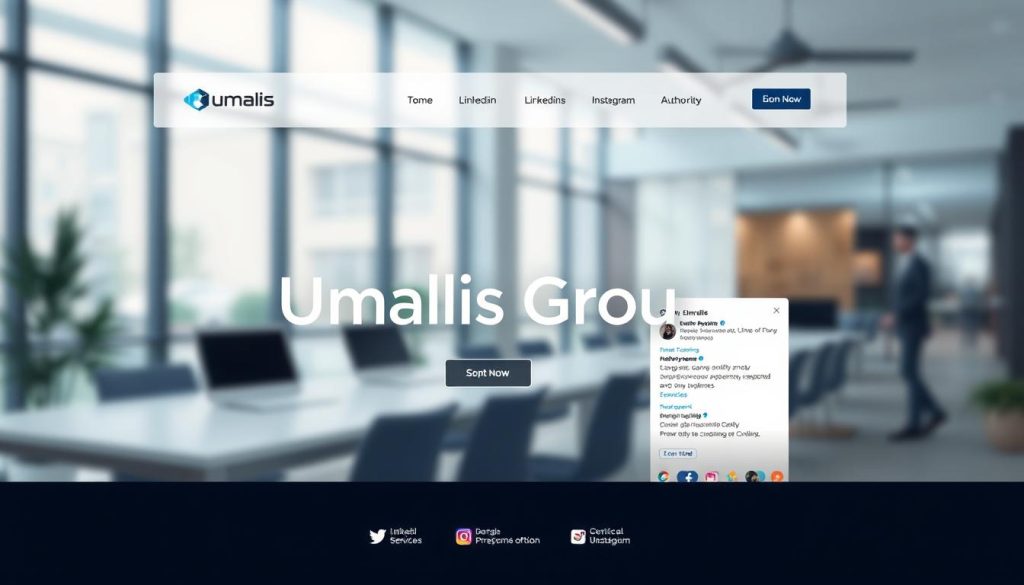 A sleek, professional website interface with a clean, minimalist design. The homepage features the "Umalis Group" brand name prominently displayed, with a modern and sophisticated logo. In the background, a blurred, stylized office setting with floor-to-ceiling windows and subtle lighting creates a sense of professionalism and productivity. The website's layout is intuitive, with clear navigation menus and sections showcasing the company's services and expertise. Complementing the website, a cohesive social media presence across platforms like LinkedIn, Twitter, and Instagram, featuring a consistent visual identity and branding elements. The overall mood is one of authority, expertise, and digital sophistication.
