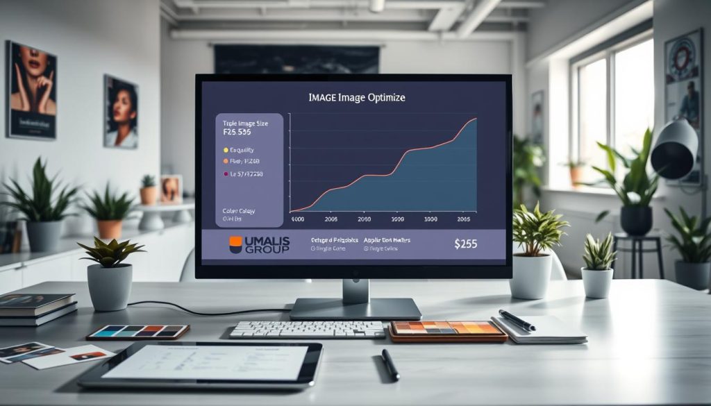 A sleek, professional workspace featuring a computer screen displaying an image optimization app interface. In the foreground, a well-organized desk with a digital tablet, color swatches, and notes on image size and quality metrics. The middle ground features a stylish monitor displaying an animated graph illustrating file sizes and optimization techniques. The background includes a bright office setting with soft, natural lighting streaming through a window, plants decoratively placed, and inspirational posters on the walls. The atmosphere is focused and creative, capturing the essence of image optimization with an emphasis on clarity and efficiency. The logo of "UMALIS GROUP" is subtly integrated into the interface on the screen, enhancing the professional tone. A sleek, professional workspace featuring a computer screen displaying an image optimization app interface. In the foreground, a well-organized desk with a digital tablet, color swatches, and notes on image size and quality metrics. The middle ground features a stylish monitor displaying an animated graph illustrating file sizes and optimization techniques. The background includes a bright office setting with soft, natural lighting streaming through a window, plants decoratively placed, and inspirational posters on the walls. The atmosphere is focused and creative, capturing the essence of image optimization with an emphasis on clarity and efficiency. The logo of "UMALIS GROUP" is subtly integrated into the interface on the screen, enhancing the professional tone.