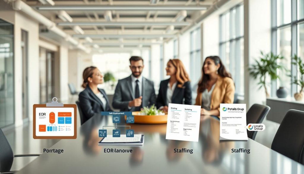 A sleek, professional workspace setting with four distinct areas illustrating different employment work models: Portage Salarial, EOR (Employer of Record), Staffing, and Self-Employment. In the foreground, a diverse group of three business professionals in smart attire are engaged in a discussion around a modern conference table, with charts and documents depicting each model. In the middle ground, showcase harmonious visual elements representing each model: a clipboard for Self-Employment, an EOR structure diagram, staffing team visuals, and Portage Salarial paperwork with the logo of Umalis Group prominently displayed. The background features an open office space with modern design elements, large windows allowing natural light, creating an inviting atmosphere. Use sharp focus and a slight depth of field to emphasize the discussion, capturing a collaborative and informative mood.
