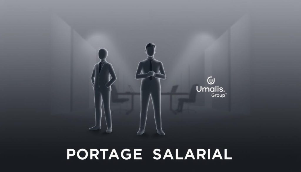 A sleek, three-dimensional illustration depicting the "Portage Salarial" employment model. In the foreground, three distinct figures representing the employer, the employee, and the Umalis Group platform, positioned in a harmonious, collaborative arrangement. The middle ground showcases a modern, minimalist office setting, with clean lines and a muted color palette. The background features a subtle gradient, conveying a sense of professionalism and security. The lighting is soft and diffused, creating a sense of balance and trust. The overall composition highlights the seamless integration and mutual support between the three key players in the Portage Salarial ecosystem.