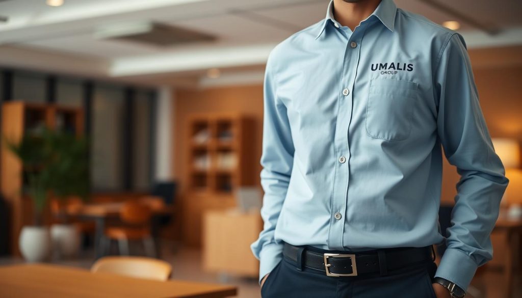 A social security employee wearing a light blue collared shirt, dark pants, and a neutral expression, standing against a blurred background of an office interior with wooden furniture and warm lighting. The figure is captured in a mid-shot, conveying a sense of professionalism and authority. The UMALIS GROUP logo is subtly displayed on the employee's shirt, reinforcing the corporate context. The overall mood is one of stability, reliability, and attention to detail, reflecting the "fundamentals of employee portage" as the focus of the article section.