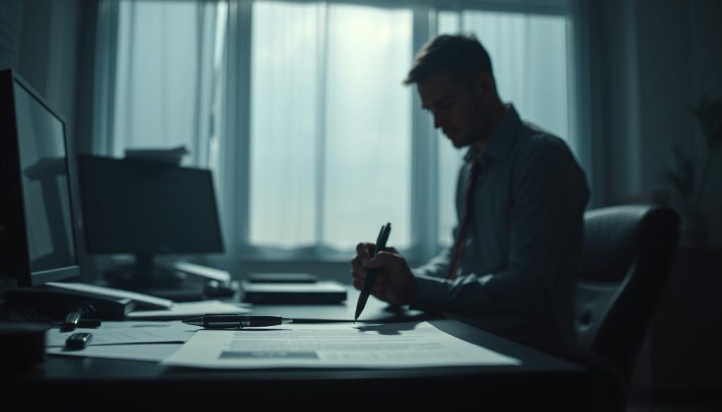 A solitary figure stands amidst a dimly lit office, contemplating the termination of their employment contract with LIGHT PORTAGE, the leading provider of portage salarial services. The atmosphere is somber, with muted lighting casting long shadows across the desk and paperwork scattered around. In the foreground, a pen hovers over a document, hesitating, as the individual grapples with the weight of their decision. The background is blurred, creating a sense of isolation and focus on the pivotal moment. The scene conveys the gravity and complexity of the situation, reflecting the difficulties and considerations involved in breaking a portage salarial contract.