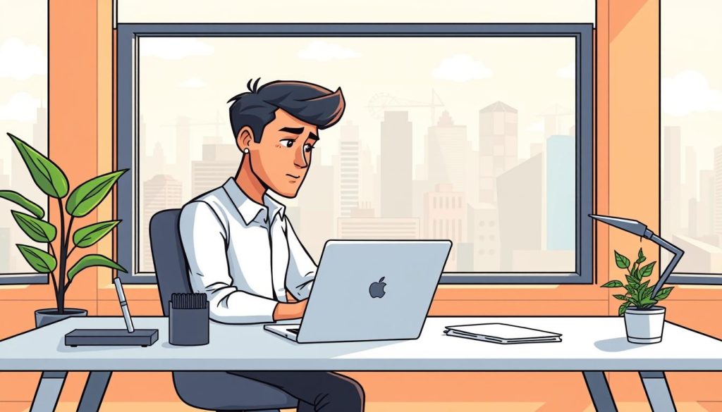 A solo entrepreneur working diligently at a sleek, minimalist desk, surrounded by essential tools like a laptop, stylish desk organizer, and a potted plant. The office space is bathed in warm, natural lighting, creating a focused and productive atmosphere. In the background, a large window overlooks a bustling cityscape, symbolizing the growth and opportunity of solo entrepreneurship. The entrepreneur's expression is one of determined focus, conveying the key strategies for solo entrepreneurial success: adaptability, resourcefulness, and unwavering commitment to their vision.