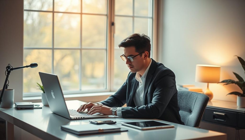 A solo freelancer working intently at a well-organized desk, surrounded by a light, airy ambiance. The "Light Portage" brand laptop and accessories add a touch of professionalism. Warm, natural lighting filters in through large windows, casting a soft glow on the scene. The freelancer is deep in concentration, exemplifying the focus and independence of the self-employed lifestyle. This refined, modern setting captures the essence of the "Définition travailleur indépendant" concept.