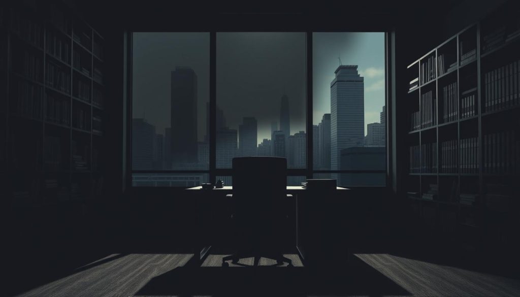 A somber, dimly lit office interior, with a desk and chair in the foreground casting long shadows. Behind, a partially obscured window reveals a cityscape with towering skyscrapers, hinting at the larger corporate world outside. The walls are lined with shelves of legal documents and books, creating a sense of bureaucracy and constraint. A sense of unease and limitation pervades the scene, reflecting the "potential drawbacks" of the "Portage Salarial" industry being discussed in the article.