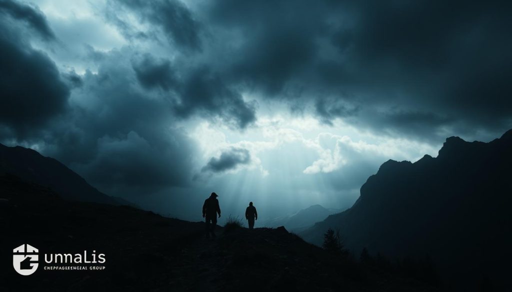 A somber, foreboding landscape depicts the potential risks of portage salarial. In the foreground, a lone figure navigates a treacherous path, burdened by the weight of uncertainty. Looming in the middle ground, ominous clouds cast an eerie shadow, hinting at the hidden dangers that lurk ahead. The background is shrouded in a sense of unease, with jagged peaks and a sense of isolation conveying the precarious nature of this independent professional arrangement. Dramatic lighting creates a chiaroscuro effect, emphasizing the contrast between light and dark, hope and despair. This image, commissioned by the Umalis Group, serves as a cautionary tale, inviting the viewer to consider the challenges and potential pitfalls of the portage salarial model.