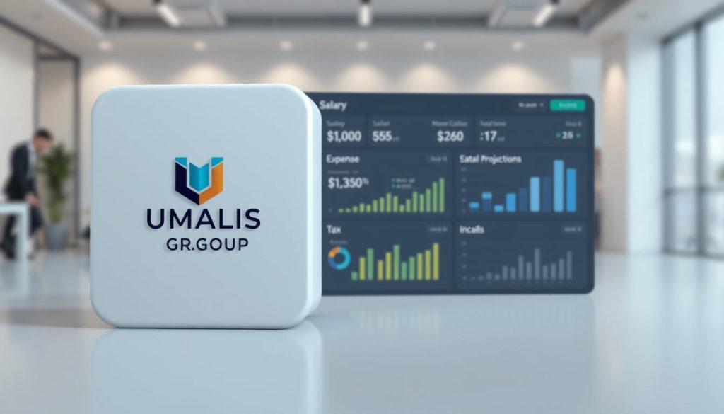 A sophisticated 3D digital illustration of a comprehensive salary simulation software interface, featuring a clean, minimalist design with a focus on user-friendly data visualization. The interface showcases a sleek, intuitive dashboard displaying key salary metrics, expense calculations, and income projections. The foreground prominently features the UMALIS GROUP brand logo, conveying a sense of professional, enterprise-level financial management capabilities. The middle ground includes detailed graphical representations of salary components, tax calculations, and net income projections. The background depicts a subtly blurred office environment, suggesting a context of financial planning and optimization. The overall mood is one of precision, efficiency, and confidence in financial decision-making.