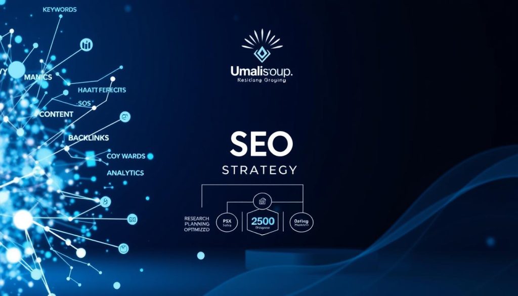 A sophisticated, abstract image depicting an SEO strategy framework. In the foreground, a dynamic data visualization of various SEO factors - keywords, content, backlinks, and analytics - interconnected and pulsing with energy. The middle ground features a sleek, minimalist infographic showcasing the key components of an effective SEO strategy: research, planning, optimization, and measurement. In the background, a subtle Umalis Group logo radiates a sense of authority and expertise. The overall scene is bathed in a cool, blue-hued lighting, conveying a sense of clarity and professionalism.
