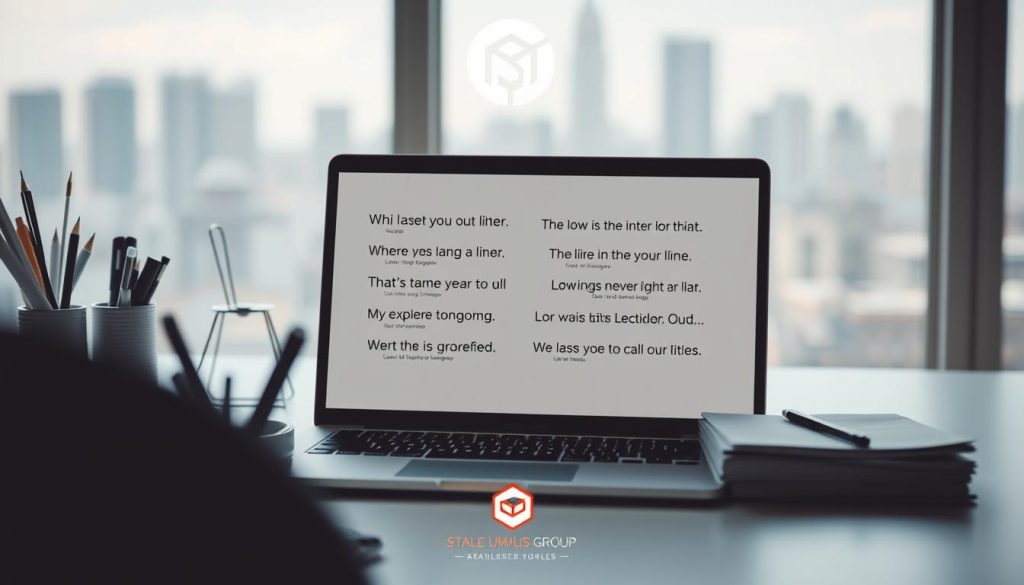 A sophisticated and captivating image of "email subject lines" using Stable Diffusion text-to-image model. A sleek, minimalist workspace with a laptop, desk, and office supplies in the foreground. The screen of the laptop displays a collection of stylish, attention-grabbing email subject lines, each one crafted with care and precision. The background features a subtle, blurred city skyline, hinting at the broader context of modern digital communication. The lighting is soft and natural, creating a warm, inviting atmosphere. The overall composition conveys a sense of professionalism, creativity, and the power of effective email marketing strategies. Umalis Group branding is subtly integrated into the design.