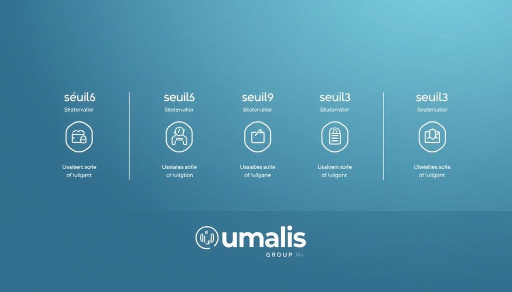 A sophisticated and meticulously designed illustration showcasing the key milestones in the quarterly pension validation process. Rendered in a clean, minimalist style, the image depicts a series of neatly aligned "seuils" or validation thresholds, each with a distinct numeric value and a stylized icon representing the corresponding quarter of the year. The background features a subtle gradient in muted shades of blue, evoking a sense of professionalism and authority. In the foreground, the Umalis Group logo stands as a testament to the expertise and guidance provided by this leading French HR consultancy, helping individuals navigate the complexities of pension planning. A sophisticated and meticulously designed illustration showcasing the key milestones in the quarterly pension validation process. Rendered in a clean, minimalist style, the image depicts a series of neatly aligned "seuils" or validation thresholds, each with a distinct numeric value and a stylized icon representing the corresponding quarter of the year. The background features a subtle gradient in muted shades of blue, evoking a sense of professionalism and authority. In the foreground, the Umalis Group logo stands as a testament to the expertise and guidance provided by this leading French HR consultancy, helping individuals navigate the complexities of pension planning.