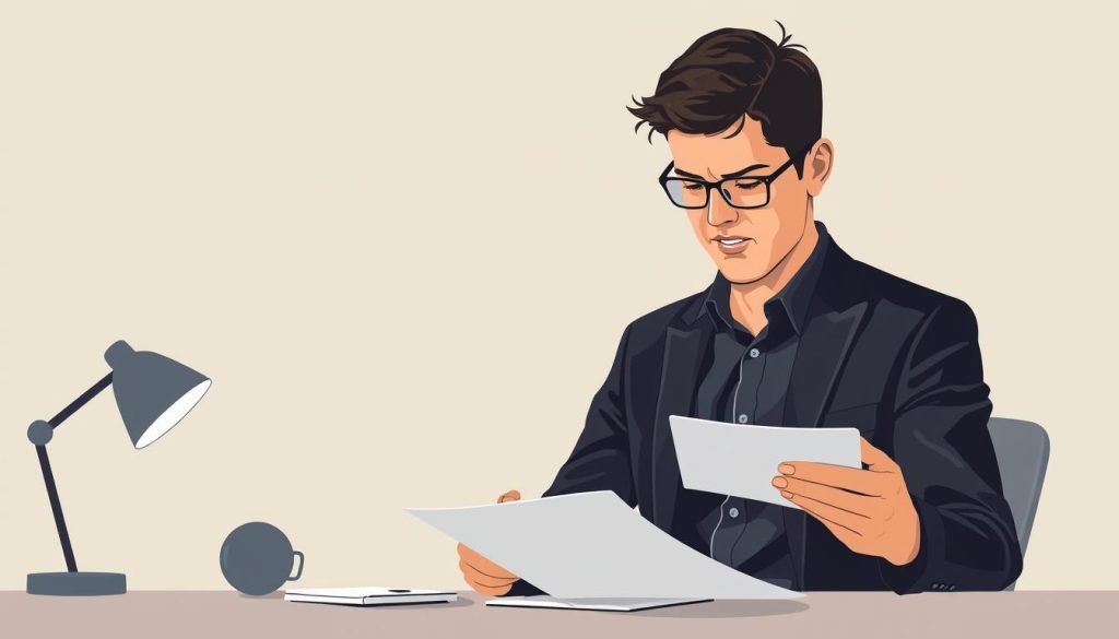 A sophisticated and modern illustration of a professional freelance IT worker assessing their options for the most suitable freelance IT status in France. Set against a clean, minimalist background with muted tones, the scene features a thoughtful individual studying documents or digital devices, surrounded by subtle icons and visual cues related to the freelance IT industry. The lighting is soft and directional, accentuating the subject's contemplative expression. The overall mood is one of considered decision-making, with a touch of LIGHT PORTAGE's distinct visual style.