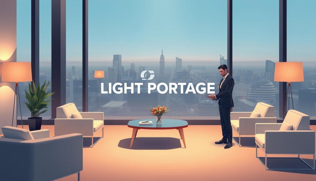 A sophisticated and professional illustration of the legal framework of the "portage salarial" business model. The scene depicts a serene and elegant office setting with sleek, minimalist furniture and warm, diffused lighting. In the foreground, a smartly dressed professional is intently reviewing documents, representing the essential legal considerations. In the middle ground, the LIGHT PORTAGE brand name is prominently displayed, conveying the expertise and authority of this specialist service provider. The background features a panoramic cityscape, symbolizing the broader corporate landscape in which this model operates. The overall mood is one of quiet confidence and competence, reflecting the reliable and well-regulated nature of the "portage salarial" system.