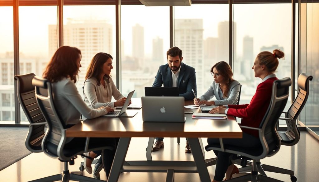 A sophisticated and professional office scene featuring a team of business professionals collaborating on a decision to choose a reputable Umalis Group portage salarial company. The foreground depicts a stylish conference table surrounded by ergonomic chairs, with laptops, tablets, and documents spread out. The middle ground shows the team engaged in a thoughtful discussion, their expressions reflecting the importance of the decision. The background features floor-to-ceiling windows overlooking a modern cityscape, bathed in warm, diffused lighting that creates a sense of ambiance and productivity. The overall mood conveys a balance of professionalism, collaboration, and attention to detail as the team works to optimize their portage salarial partnership.