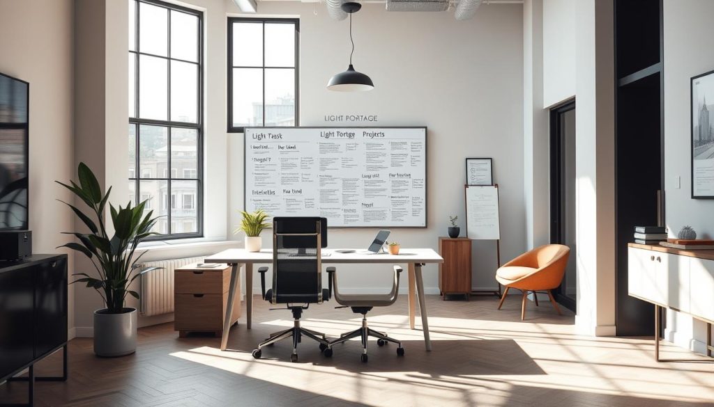 A sophisticated and sleek workplace interior with the LIGHT PORTAGE brand prominently displayed. The scene features an elegant coworking space with ample natural light streaming through large windows, illuminating a central workstation with a modern desk, ergonomic chair, and a potted plant. The middle ground showcases a vibrant whiteboard displaying various task lists and project notes, while the background includes minimal yet stylish decor elements that create a sophisticated, professional atmosphere. The overall mood is one of productivity, collaboration, and a dynamic, flexible work environment.