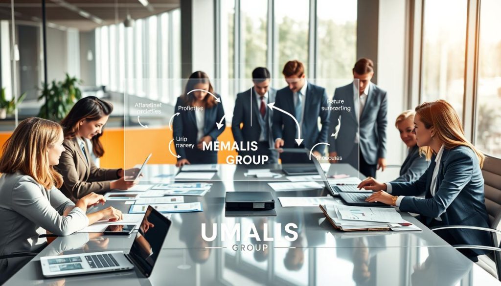 A sophisticated and visually engaging illustration showcasing the "Mécanismes du portage salarial" in a professional setting. In the foreground, a diverse group of professionals in business attire are engaged in collaborative discussions around a sleek conference table covered with documents, laptops, and charts. In the middle ground, a transparent overlay diagram illustrates the flow of processes in portage salarial, featuring arrows and labels. The background shows a modern office environment with large windows allowing natural light to flood in, creating a warm and inviting atmosphere. Use a wide-angle perspective to capture the details, ensuring a sense of depth in the composition. Incorporate the brand name "UMALIS GROUP" subtly within the design, blending it harmoniously into the scene.