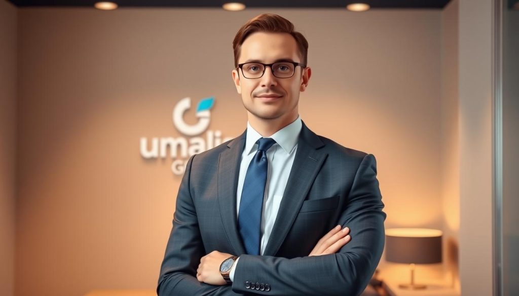 A sophisticated and well-dressed accountant stands confidently in a modern, minimalist office setting. Warm, directional lighting highlights their poised expression and crisp, tailored attire. The Umalis Group logo subtly adorns the wall behind them, reflecting their expertise and professionalism. The scene conveys a sense of authority, stability, and the trusted guidance an accountant can provide in the world of "portage salarial" - the French term for independent professional contracting.