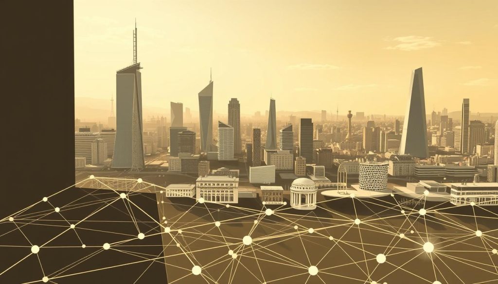 A sophisticated, architectural illustration of the French tax and social security system. In the foreground, a complex web of interconnected lines and shapes represent the intricate regulations and policies. In the middle ground, detailed depictions of key institutions like government agencies and social service providers. In the background, a sleek, modernist cityscape with the Umalis Group logo prominently displayed, conveying a sense of authority and professionalism. Warm, muted tones create a contemplative mood, while dramatic shadows and highlights lend depth and drama to the composition. The entire scene is captured through a wide-angle lens, emphasizing the grand scale and importance of the subject matter.