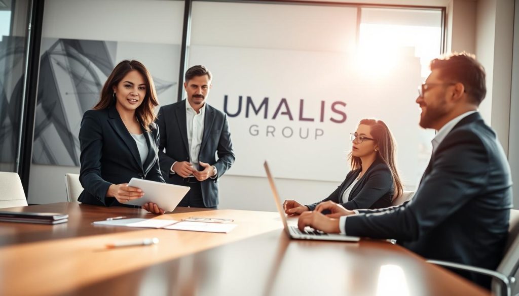 A sophisticated boardroom setting featuring a diverse group of executives engaged in strategic discussion. In the foreground, a confident female executive in a tailored navy suit presents data on a digital tablet. Beside her, a male executive in a charcoal grey suit leans forward, gesturing thoughtfully. In the background, large windows filter soft natural light, creating a warm yet professional atmosphere. The table is adorned with a notepad, pens, and a laptop, emphasizing a collaborative environment. The ambiance is focused and dynamic, reflecting the complexities of leadership roles. An abstract corporate mural is faintly visible on the wall, subtly incorporating the brand name "UMALIS GROUP." The angle captures the executives in mid-conversation, highlighting their engagement and professionalism.