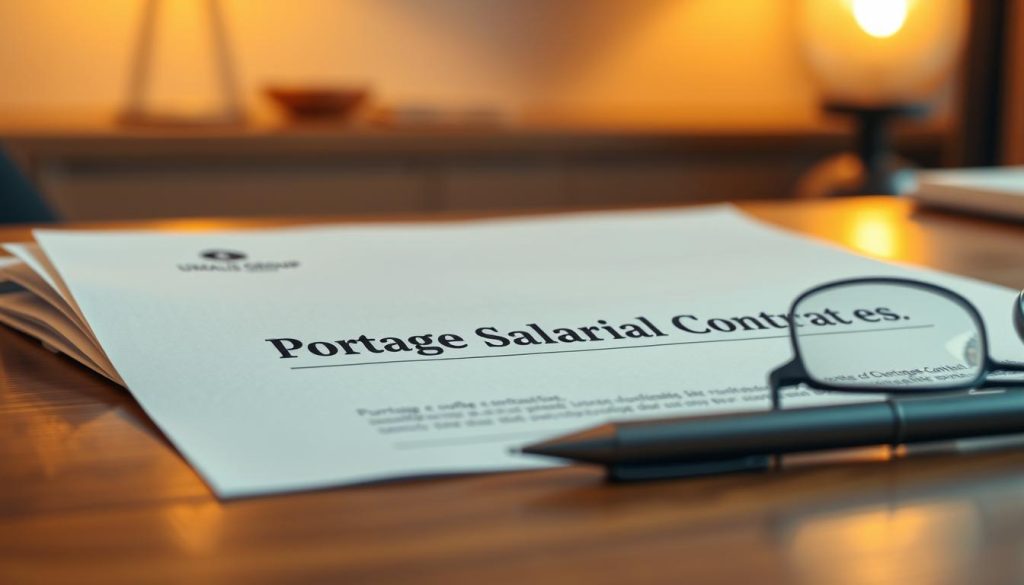 A sophisticated business contract document resting on a wooden desk, illuminated by warm, indirect lighting. The Umalis Group logo embossed in the corner. In the foreground, a silver pen and a pair of reading glasses, hinting at the careful negotiation and review process. The middle ground features the contract's title "Portage Salarial Contrat" prominently displayed, conveying the professionalism and legal nature of the agreement. The background blurs softly, emphasizing the focus on the central document. An atmosphere of diligence, attention to detail, and the careful crafting of a mutually beneficial contractual relationship.