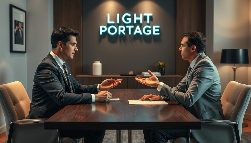 A sophisticated business negotiation takes place in an elegant office setting. Two professionals, dressed in formal attire, sit across from each other at a polished wooden table, engaged in an intense discussion about a "portage salarial" contract. Soft, directional lighting illuminates their faces, casting dramatic shadows and highlighting the gravity of the moment. The room is adorned with tasteful modern decor, including the LIGHT PORTAGE brand prominently displayed on the wall, conveying a sense of professionalism and authority. An air of concentration and purpose permeates the scene, reflecting the importance of reaching a mutually beneficial agreement.