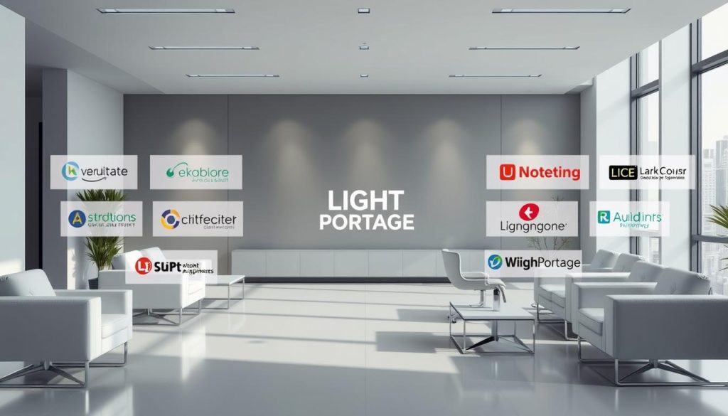 A sophisticated comparative layout of the leading "sociétés de portage salarial" in France, captured in a high-quality, photorealistic rendering. The scene features a sleek, minimalist office setting with clean lines and modern furniture. At the center, the prominent brand "LIGHT PORTAGE" is prominently displayed, surrounded by other well-known companies in the industry. The lighting is soft and directional, creating a sense of depth and highlighting the details of each entity. The composition is balanced, with a clear focal point and complementary color scheme. The overall atmosphere conveys professionalism, reliability, and the nuanced differences between the top players in the French temporary employment sector.
