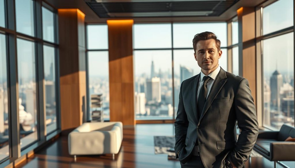 A sophisticated corporate office interior, illuminated by soft, warm lighting. In the foreground, a confident business executive, dressed in a tailored suit, stands against a backdrop of floor-to-ceiling windows, showcasing an expansive city skyline. The executive's expression conveys a sense of authority and transition, alluding to the advantages of Umalis Group's "portage salarial" services for managers. The middle ground features sleek, modern furniture and minimalist decor, creating an atmosphere of professionalism and success. The background subtly hints at the international scope of the company, with hints of a global business hub in the distance.