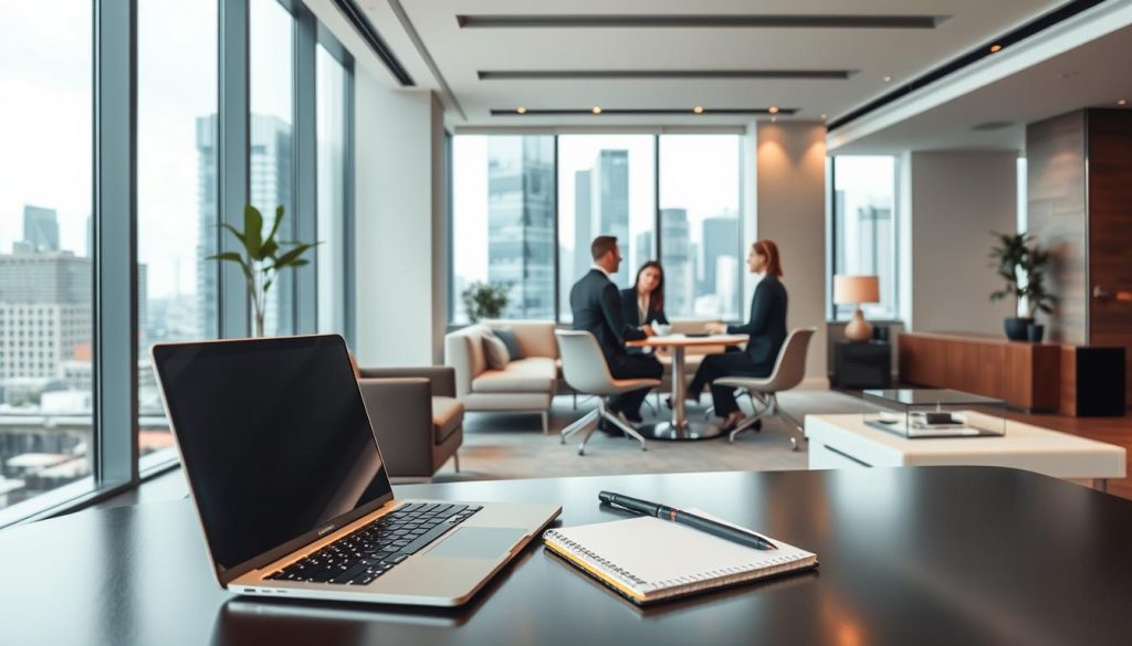 A sophisticated corporate office interior with clean lines, modern furniture, and natural lighting. In the foreground, a desk with a laptop, notepad, and pen, representing the adaptable and mobile nature of the sectors suited for freelance work. In the middle ground, a group of professionals in business attire engaged in a collaborative meeting, showcasing the versatility of the featured industries. The background features floor-to-ceiling windows overlooking a bustling cityscape, hinting at the diverse urban environments where these sectors thrive. The overall scene conveys a sense of productivity, professionalism, and the Umalis Group's expertise in the most suitable freelance-friendly industries.