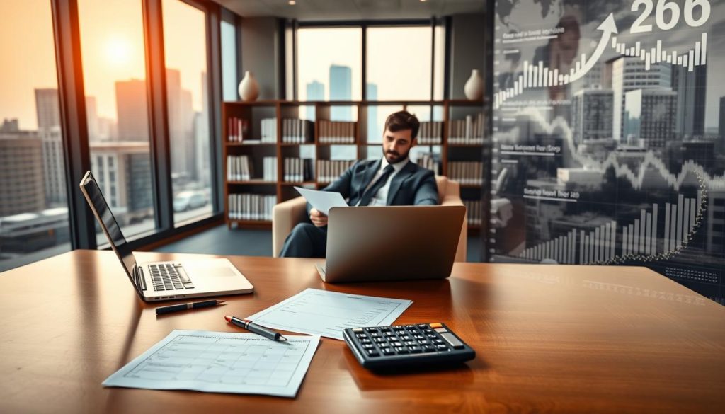 A sophisticated corporate office setting, bathed in warm, soft lighting from large windows overlooking a city skyline. In the foreground, a wooden desk with a laptop, pens, and a calculator, symbolizing the financial aspects of the "système de rémunération en portage salarial". Behind it, a well-dressed professional sits comfortably, contemplating the paperwork before them, representing the administrative and legal considerations of this employment model. The middle ground features bookcases filled with relevant documents, hinting at the knowledge and expertise required. In the background, an abstract visualization of financial data and charts, conveying the complex financial mechanisms involved in this unique remuneration system.