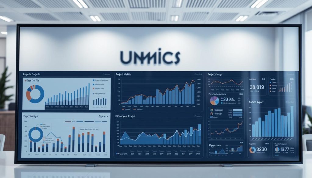 A sophisticated data analysis dashboard in the style of the Umalis Group, showcasing detailed project metrics and insights. The foreground features neatly arranged charts, graphs, and visualizations, meticulously displaying key performance indicators. The middle ground introduces interactive data filtering and exploration tools, while the background sets a clean, minimalist office environment with the Umalis Group branding visible. Soft, directional lighting casts subtle shadows, enhancing the depth and professionalism of the scene. The overall mood is one of analytical rigor, data-driven decision making, and a commitment to continuous project improvement.
