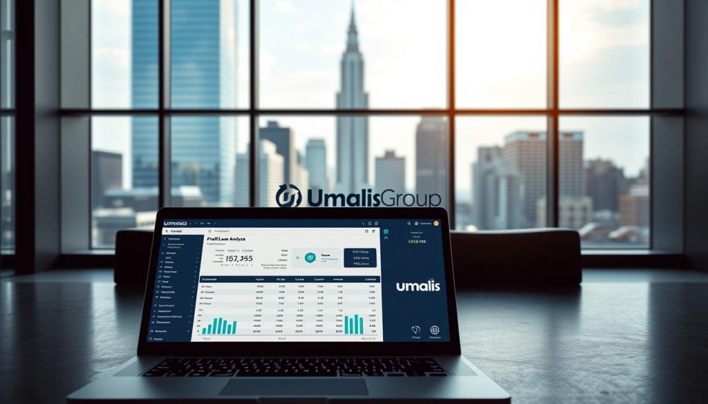 A sophisticated financial analysis dashboard set against a sleek, modern office backdrop. In the foreground, a laptop displays a detailed profit and loss statement, expense reports, and various financial metrics. In the middle ground, a Umalis Group logo stands prominently, signifying the brand's expertise in financial optimization. The background features floor-to-ceiling windows overlooking a bustling cityscape, creating a sense of urban dynamism and professional authority. Soft, directional lighting casts dramatic shadows, emphasizing the precision and importance of the financial calculations. An overall tone of analytical rigor, technological savvy, and strategic business acumen permeates the scene.