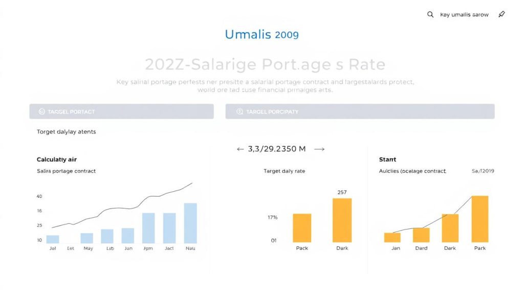 A sophisticated financial analysis interface displaying the key financial considerations for a salarial portage contract, including an intuitive calculation of the target daily rate (TJM). The foreground features clean, minimalist typography and charts, with a middle ground of carefully curated icons and visual indicators. The background showcases the Umalis Group brand identity, with a sleek, professional aesthetic. The overall mood is one of clarity, precision, and attention to detail - reflecting the importance of these financial decisions for salarial portage clients.