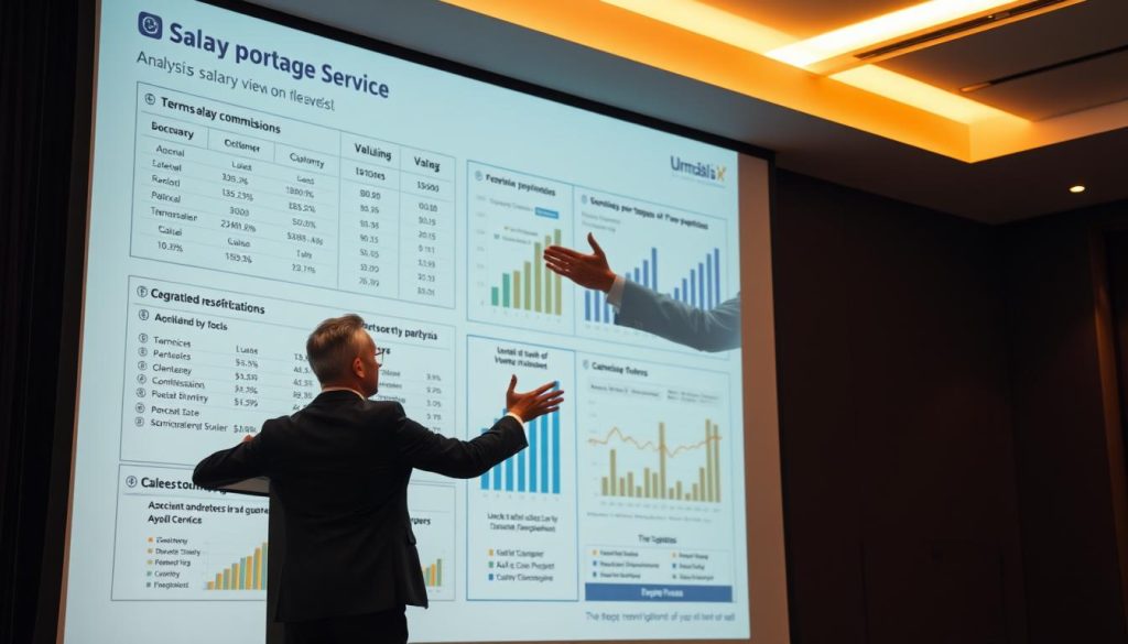 A sophisticated financial analysis of a salary portage service offered by the Umalis Group. A professional in a suit stands at a podium, gesturing to detailed charts and graphs projected behind them, illuminated by warm lighting and a sleek, modern setting. The analysis conveys the key terms, commissions, and service features in a clear, visually compelling manner. The mood is one of authority, expertise, and a commitment to transparency, reflecting the subject matter.