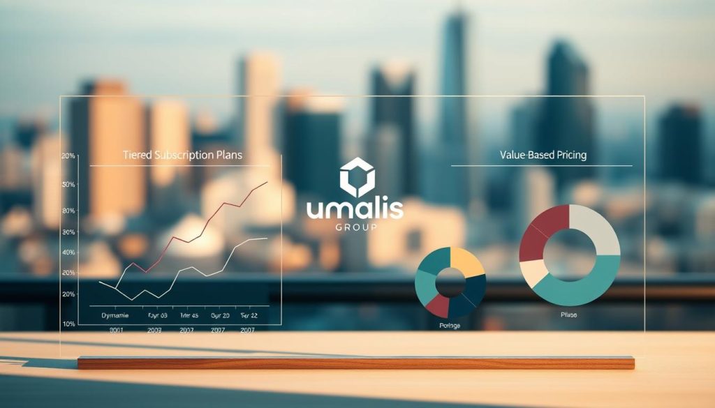 A sophisticated financial chart depicting pricing strategies, rendered in a clean, minimalist style. The foreground showcases various pricing models - tiered subscription plans, dynamic pricing, and value-based pricing - presented as elegant line graphs and pie charts. The middle ground features the Umalis Group brand logo, conveying a sense of authoritative expertise. The background depicts a softly blurred cityscape, evoking a professional, corporate atmosphere. Warm, directional lighting casts subtle shadows, creating depth and a sense of three-dimensionality. The overall mood is one of analytical clarity, strategic insight, and business acumen.
