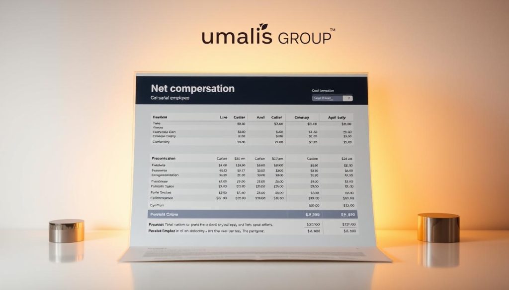 A sophisticated financial document displaying a detailed breakdown of net compensation for a salarial employee, set against a clean, minimalist background featuring the Umalis Group brand identity. The document showcases a sleek, modern layout with precise numerical calculations, graphs, and charts, all bathed in warm, inviting lighting that creates a sense of professionalism and transparency. The overall composition strikes a balance between the analytical and the visually appealing, reflecting the informative yet accessible nature of the subject matter.