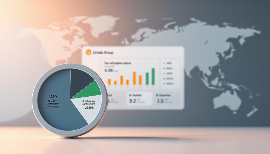 A sophisticated financial illustration showcasing the Umalis Group's payroll services. In the foreground, a detailed pie chart depicts the calculation of a contractor's remuneration, with neatly labeled sections for gross salary, social security contributions, and other deductions. The middle ground features a sleek, minimalist dashboard displaying key metrics like net income and tax withholdings. In the background, a stylized world map provides a global context, hinting at Umalis Group's international reach. The lighting is warm and inviting, creating a sense of professionalism and expertise. The overall composition conveys a clear, data-driven approach to payroll management for independent contractors. A sophisticated financial illustration showcasing the Umalis Group's payroll services. In the foreground, a detailed pie chart depicts the calculation of a contractor's remuneration, with neatly labeled sections for gross salary, social security contributions, and other deductions. The middle ground features a sleek, minimalist dashboard displaying key metrics like net income and tax withholdings. In the background, a stylized world map provides a global context, hinting at Umalis Group's international reach. The lighting is warm and inviting, creating a sense of professionalism and expertise. The overall composition conveys a clear, data-driven approach to payroll management for independent contractors.