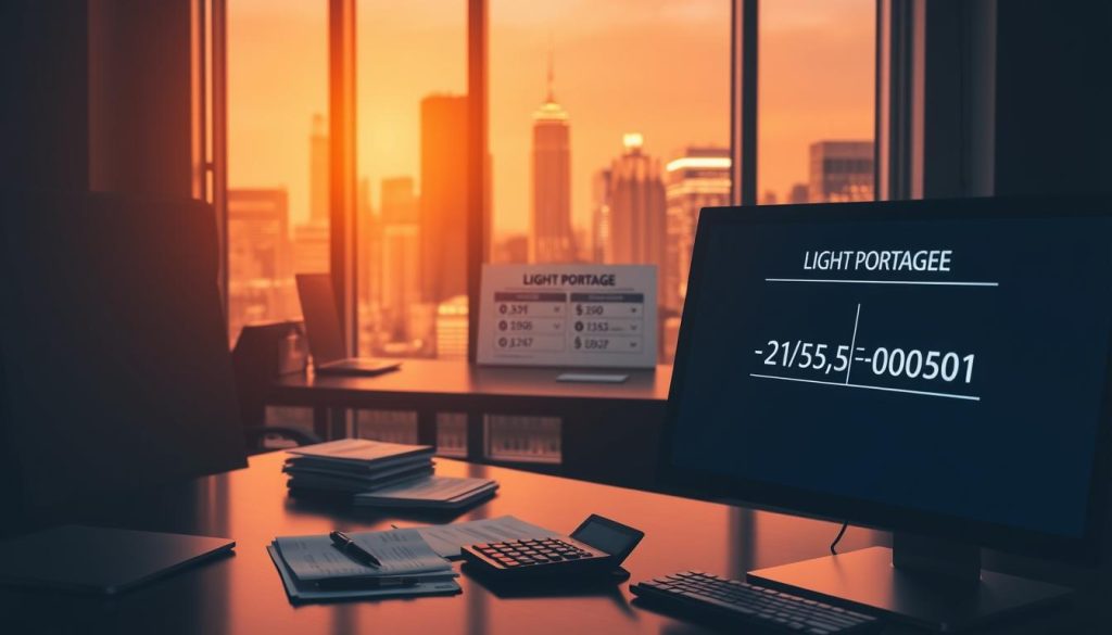 A sophisticated financial office scene, dimly lit with warm tones. In the foreground, a sleek desktop computer displaying calculations for "LIGHT PORTAGE" net taxable salary. Nearby, a stack of financial documents and a modern, minimalist calculator. In the middle ground, a well-appointed desk with a succinct infographic explaining the salary computation process. The background features floor-to-ceiling windows overlooking a vibrant city skyline, conveying a sense of urban professionalism. The overall atmosphere is one of careful attention to detail and financial expertise.
