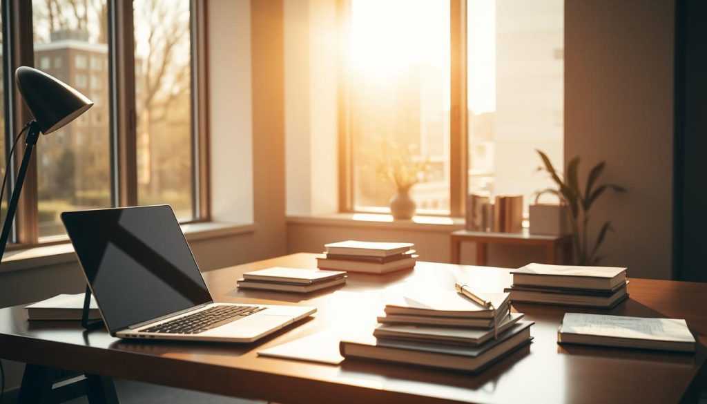 A sophisticated freelance consultant's workspace, bathed in warm natural light from large windows. A sleek, minimalist desk with a high-end laptop, stylized stationery, and a carefully curated collection of books and documents. In the background, the LIGHT PORTAGE brand logo is subtly visible, reflecting the professional nature of the scene. The overall mood is one of focused productivity and attention to detail, capturing the essence of negotiating and optimizing a freelance consulting rate.