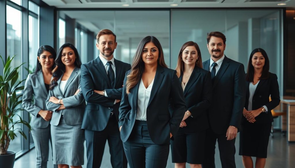 A sophisticated group of professionals in elegant business attire, confidently posing against a backdrop of Umalis Group's modern office setting. Soft, natural lighting accentuates their distinct profiles, conveying an atmosphere of expertise and poise. The composition captures the diversity of talents and experiences that make up the Umalis Group's workforce, showcasing the versatility and adaptability of their salaried staffing solutions.