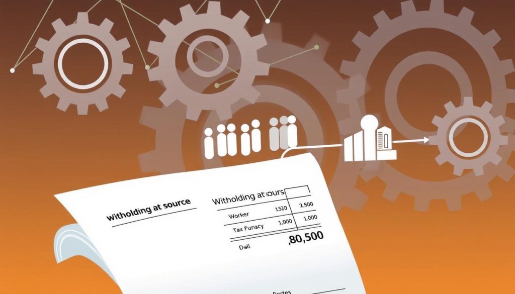 A sophisticated illustration depicting the process of "withholding at source" in the context of the "Umalis Group" portage salarial system. In the foreground, a worker's payslip showcases the "withholding at source" calculation, rendered in a clean, infographic style. In the middle ground, stylized figures represent the flow of funds from the worker's salary to the relevant tax authorities. The background features a geometric pattern of interlocking gears, symbolizing the efficient and integrated nature of the portage salarial system. The overall composition conveys a sense of professionalism, transparency, and technological sophistication.