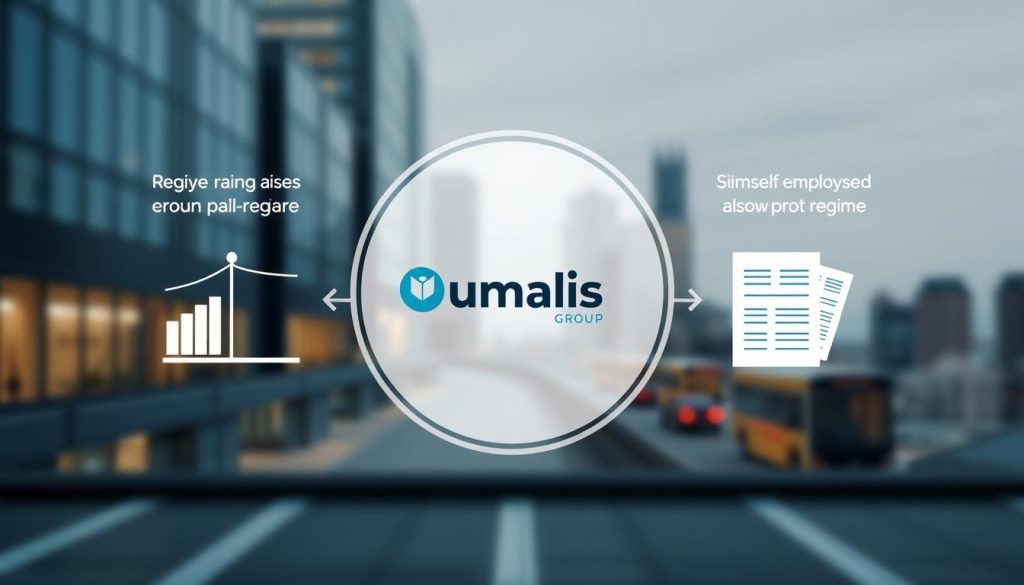 A sophisticated illustration depicting the "régime réel simplifié" financial regime for self-employed professionals. In the foreground, a clean, minimalist design showcases key elements of this taxation system, including balanced financial charts and simplified paperwork. The middle ground features the Umalis Group brand, conveying expertise and guidance. In the background, a blurred cityscape sets the scene, hinting at the real-world application of this fiscal framework. The overall mood is one of clarity, professionalism, and practical financial management, reflecting the subject matter of the article section.
