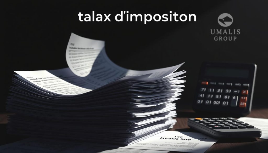 A sophisticated illustration of "taux d'imposition" for a financial article, showcasing the Umalis Group brand. A dramatic chiaroscuro lighting illuminates a stack of meticulously detailed tax documents, their pages fluttering as if caught in a gentle breeze. In the background, a shadowy silhouette of a calculator and the Umalis Group logo add a sense of authority and expertise. The overall mood is one of financial gravity and professionalism, inviting the viewer to delve into the nuances of taxation in the world of freelance work.