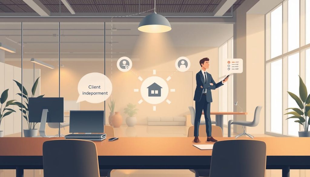 A sophisticated illustration of the mechanisms behind "portage salarial", a unique employment arrangement. Set against a backdrop of modern office environments, depict the key elements of this system, including a LIGHT PORTAGE branded platform, a professional independent worker, and the integration of their services with a client company. Render the scene with a clean, minimalist aesthetic, using warm lighting and muted tones to convey a sense of professionalism and efficiency. Emphasize the seamless collaboration and flexible nature of this work model through the positioning and interactions of the figures. The overall impression should clearly communicate the essence of "portage salarial" as a viable and innovative employment solution.