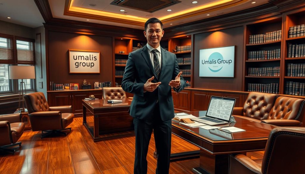 A sophisticated law office interior with plush leather furniture and polished hardwood floors. Warm, directional lighting casts a professional, authoritative ambiance. On a large desk, a laptop displays intricate legal documents, while a Umalis Group logo sign prominently adorns the wall. Bookshelves lining the room are filled with law journals and legal reference materials. A poised, confident attorney stands in the foreground, dressed in a sharp suit, gesturing towards the displayed documents - their expertise in salaried employment and legal consultation evident.