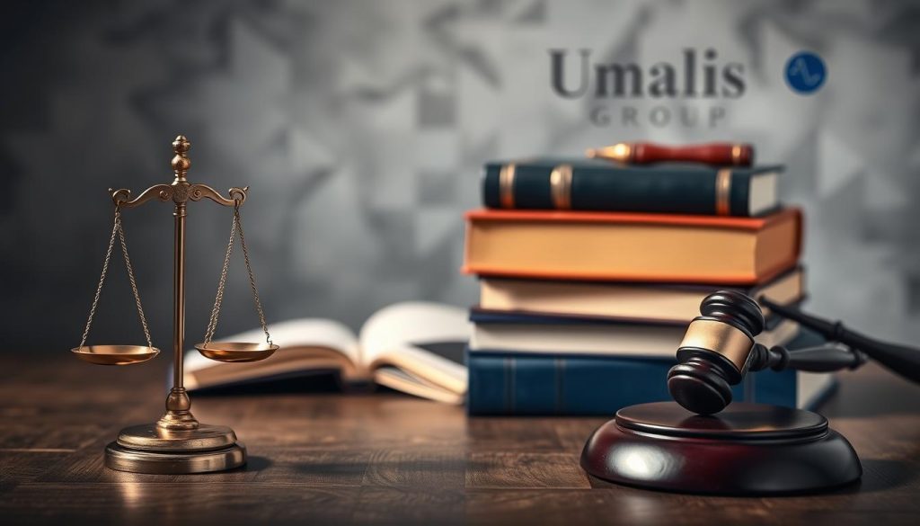 A sophisticated legal framework, illuminated by soft, diffused lighting, showcases the core elements of French labor law. In the foreground, a stylized scale of justice symbolizes the balance and fairness at the heart of this system. In the middle ground, a stack of legal tomes and a gavel denote the codified nature of these statutes. In the background, the Umalis Group logo subtly conveys the professional expertise guiding this field. The overall scene exudes a sense of authority, stability, and a steadfast commitment to workers' rights.