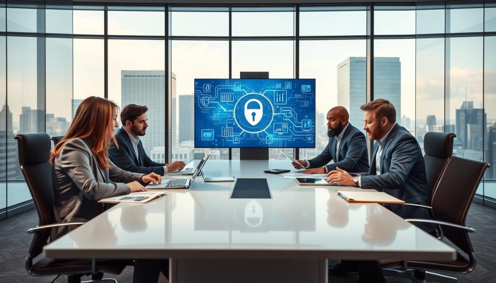 A sophisticated office environment depicting various professionals engaged in discussions about data handling obligations. In the foreground, a diverse group of three people in professional business attire—two men and one woman—are seated around a sleek conference table, analyzing documents and digital devices that display data privacy graphics. The middle layer includes modern technology screens displaying abstract data flow and security icons, emphasizing the concept of sensitive data processing. In the background, large windows reveal a cityscape, bathed in soft, natural light, casting gentle shadows across the room. The atmosphere is serious yet collaborative, highlighting the importance of data protection in a business context. Use a wide-angle lens to capture both the dynamic interactions and the high-tech environment.