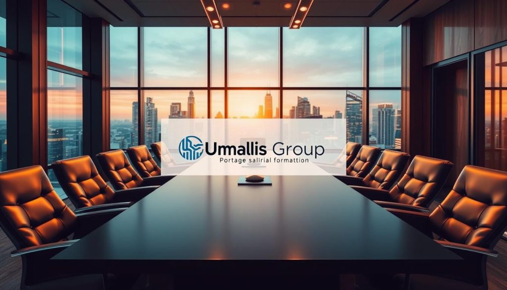 A sophisticated office interior with a large conference table, comfortable leather chairs, and floor-to-ceiling windows overlooking a vibrant city skyline. Warm lighting casts a soft glow, creating an atmosphere of professionalism and collaboration. In the center of the table, the Umalis Group logo is prominently displayed, reflecting the company's expertise in portage salarial formation. The room exudes a sense of authority and expertise, perfectly suited for professionals seeking guidance on their independent career paths.