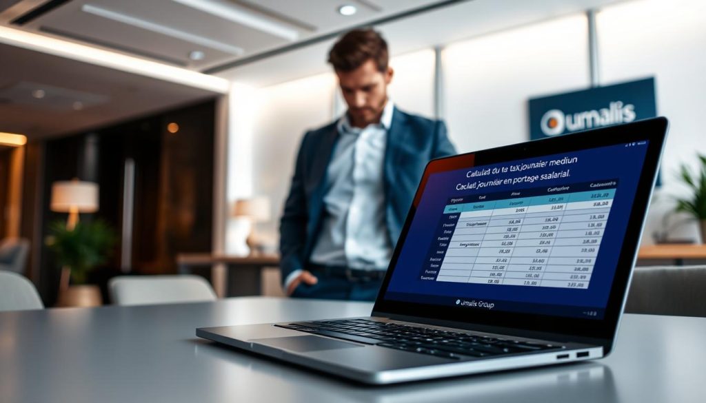 A sophisticated office interior with a minimalist design, warm lighting, and clean lines. In the foreground, a sleek laptop displays a spreadsheet, representing the "Calcul du taux journalier moyen en portage salarial". In the middle ground, a professional-looking person in business attire is studying the data, deep in concentration. The background features the Umalis Group branding, subtly incorporated into the decor, conveying a sense of authority and expertise. The overall mood is one of focused productivity and financial acumen. A sophisticated office interior with a minimalist design, warm lighting, and clean lines. In the foreground, a sleek laptop displays a spreadsheet, representing the "Calcul du taux journalier moyen en portage salarial". In the middle ground, a professional-looking person in business attire is studying the data, deep in concentration. The background features the Umalis Group branding, subtly incorporated into the decor, conveying a sense of authority and expertise. The overall mood is one of focused productivity and financial acumen.