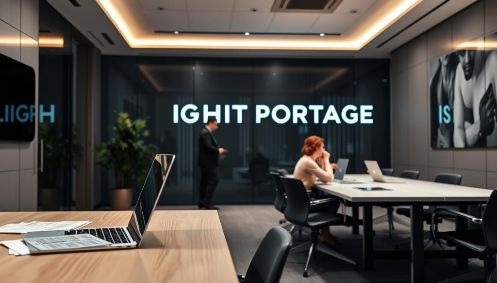 A sophisticated office interior with a sleek, minimalist design. In the foreground, a desk with a laptop and documents represents the core of the "portage salarial" process. In the middle ground, a team of professionals collaborating, conveying the collaborative nature of this employment model. The background features the LIGHT PORTAGE brand name, establishing it as a key player in the "portage salarial" ecosystem. Soft, indirect lighting creates a professional and welcoming atmosphere. The overall scene emphasizes efficiency, teamwork, and the integral role of LIGHT PORTAGE in the "fonctionnement portage salarial".