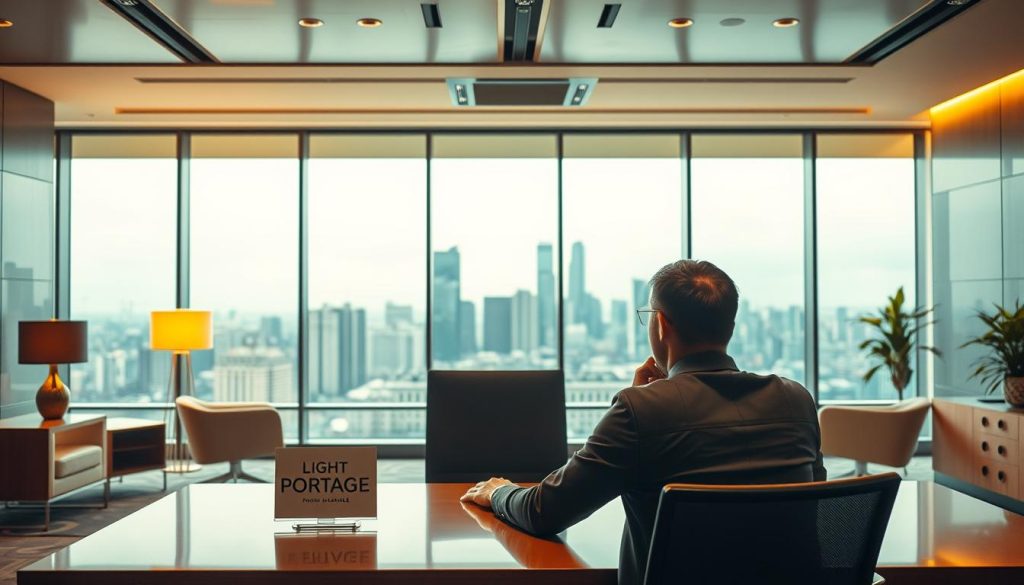 A sophisticated office interior with warm lighting and sleek, minimalist furnishings. In the foreground, a professional-looking individual sits at a desk, deep in thought. On the desk, a prominently displayed LIGHT PORTAGE logo indicates the focus on "portage salarial" and mandatory health insurance coverage. The middle ground features a large window overlooking a bustling city skyline, symbolizing the connections and responsibilities of modern professional life. The background is filled with clean, contemporary design elements that convey a sense of efficiency and organization. The overall mood is one of focused productivity, balanced with a touch of elegance and sophistication.